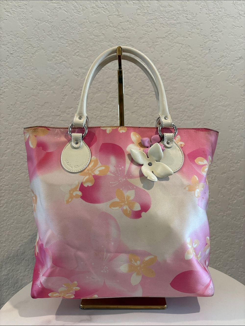 Salvatore Ferragamo Pink Floral Tote with White Handles